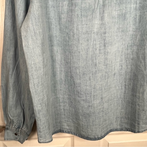 Aaron & Amber Chambray Ruffle Lace Button Front Shirt Sz S Puff Sleeves - Picture 12 of 16